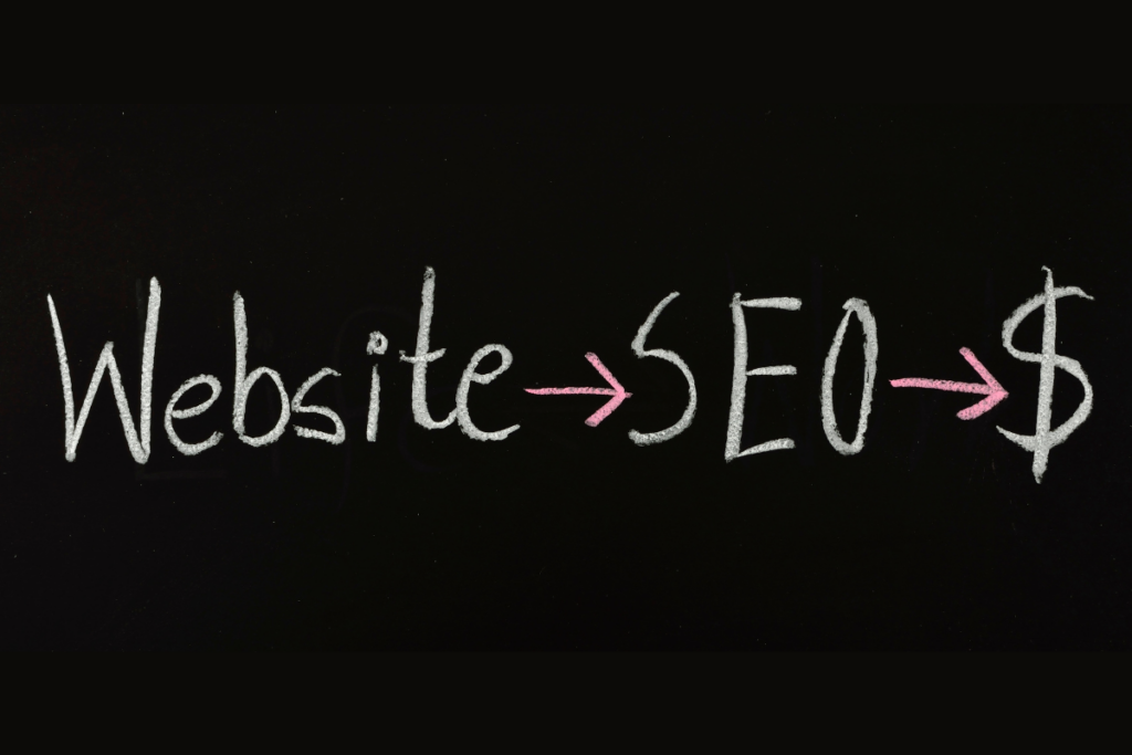 Chalkboard diagram showing "Website → SEO → $" written in white and pink chalk.