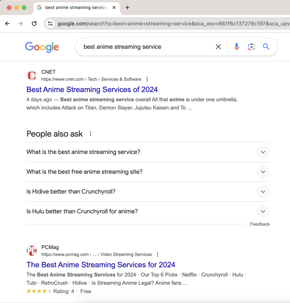 A screenshot of a Google search "best anime streaming service".