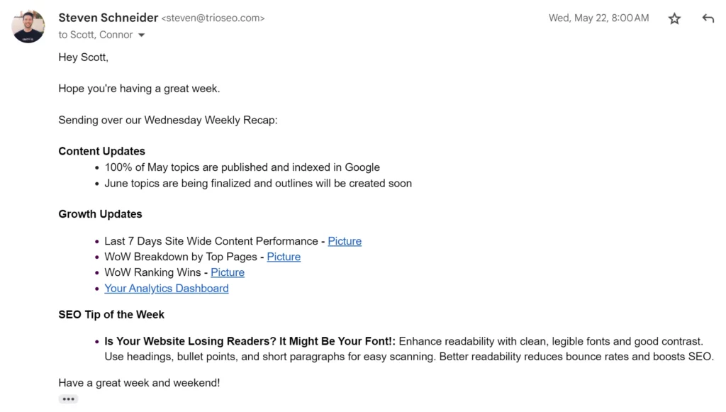 Email recap highlighting content updates, growth statistics, and SEO tips for better readability and engagement strategies.