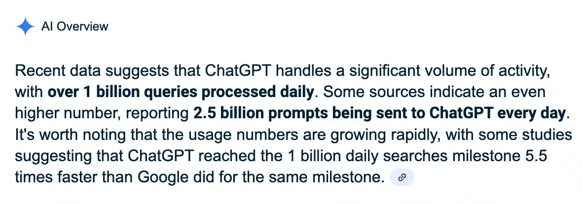 Text overview highlighting ChatGPT's daily processing of over 1 billion queries and rapid growth compared to Google.