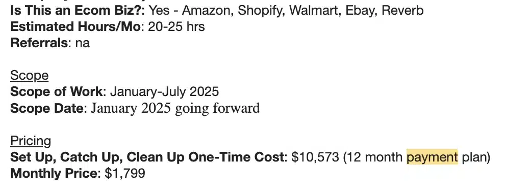 Image displaying a business proposal with details on e-commerce platforms, estimated hours, project scope, and pricing.